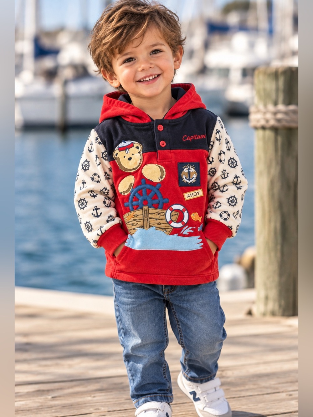 Vintage Toddler Nautical Hoodie Graphic Sailor Pullover Sweatshirt 3T